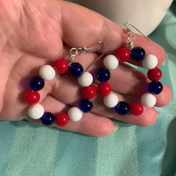 Patriotic Red, White, and Blue Beaded Hoop Earrings - Picture 1 of 8